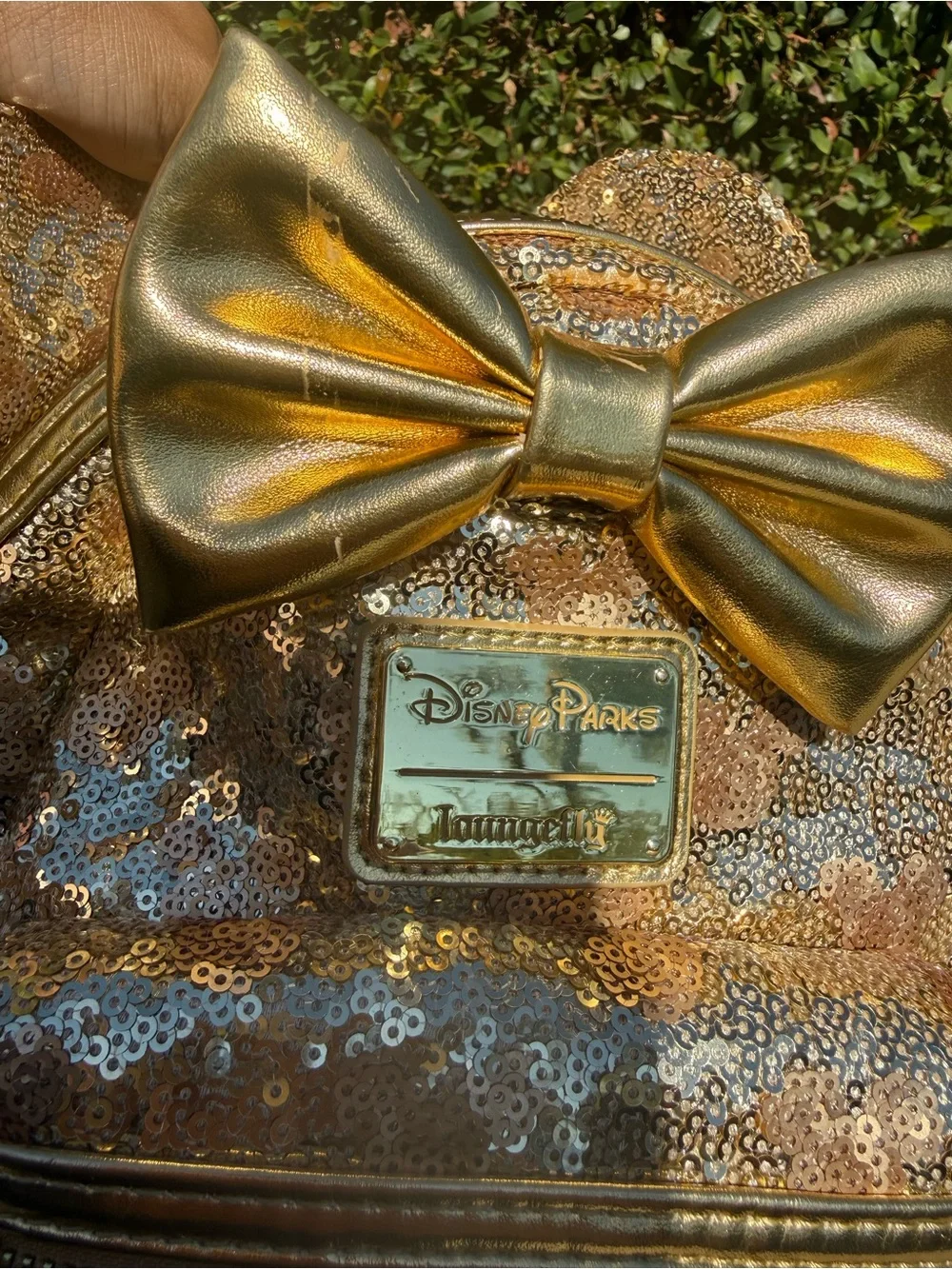 Loungefly Gold Sequin Minnie Ear Mini Backpack with Metallic Bow